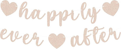 Pre-Strung Happily Ever After Banner - Rose Gold Glitter Bachelorette Bridal Engagement Party Decoration Supplies, Bachelorette Wedding Party Banner for Engagement, Bridal Shower, Wedding Party Photo Booth Props