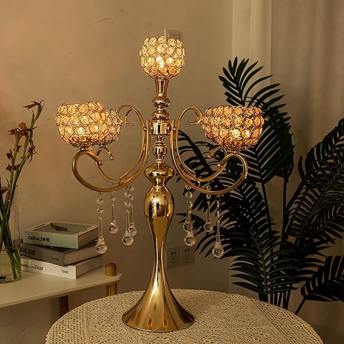 Gold Centerpiece for Table, 25.6in Candle Holder for Table Centerpieces, 5Arms Tall Crystal Candelabra Candle Holder, Candelabra Centerpieces for Table Wedding Christmas Party Event