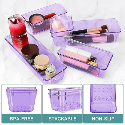 10 PCS Drawer Organizer Set, 4 Varied Size Bathroom and kitchen Drawer cabinet organizer Trays, Clear Storage Bins for Makeup, Jewelry, Utensils and Gadgets, Purple