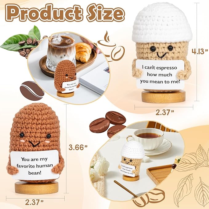 2 Pcs Coffee Gifts Mini Emotional Support Crochet Coffee Bean Set - Espresso Love And Favorite Human Bean, Cool Emotional Support Plush Gift for Latte Lover, Crochet Office Decor for Women Men