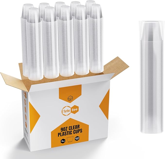 Turbo Bee 1200 Pack 9 OZ Clear Plastic Cups Bulk, 9 Ounce Disposable Water Cold Drinking Cups Tumblers For Party, Thanksgiving, Halloween, Christmas, and Events
