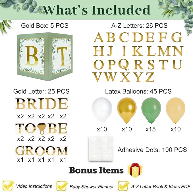 101 PC Greenery Bridal Shower Decorations Balloon Boxes Gold- Blocks with BRIDE TO BE + GROOM + A - Z Letters and 40 Balloons- Engagement Bachelorette Parties Weddings Centerpieces Photo Booth Props
