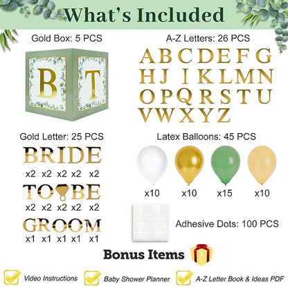 101 PC Greenery Bridal Shower Decorations Balloon Boxes Gold- Blocks with BRIDE TO BE + GROOM + A - Z Letters and 40 Balloons- Engagement Bachelorette Parties Weddings Centerpieces Photo Booth Props