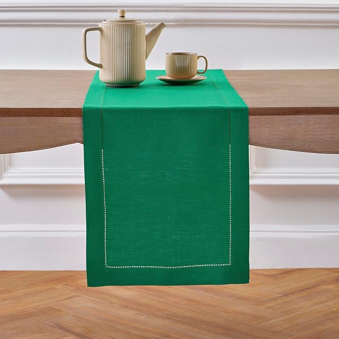 Solino Home Linen Emerald Green Hemstitch Table Runner 60 Inches - 100% Pure Linen Small Table Runner 14 x 60 Inch Ideal for Dresser and Coffee Tables - Classic Hemstitch - Christmas, New Year