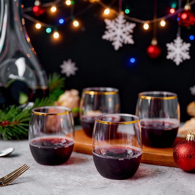 FOCUSLINE 32 Pack 12 OZ Plastic Wine Glasses, Stemless Disposable Wine Cups, Gold Rim Unbreakable Wine Glasses, Reusable Shatterproof Recyclable and BPA-Free Plastic Wine Cups