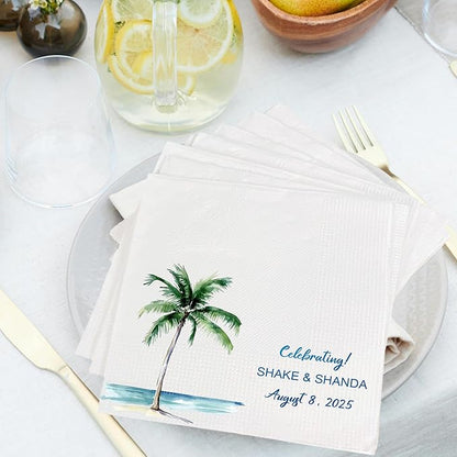 Luxury Custom Cocktail Napkins Wedding, Pack 50 100 150 500 Anniversary Party, Monogram Initials, Rehearsal Dinner Table Decor, Beverage & Luncheon, Saga Green, White Decor Style 4