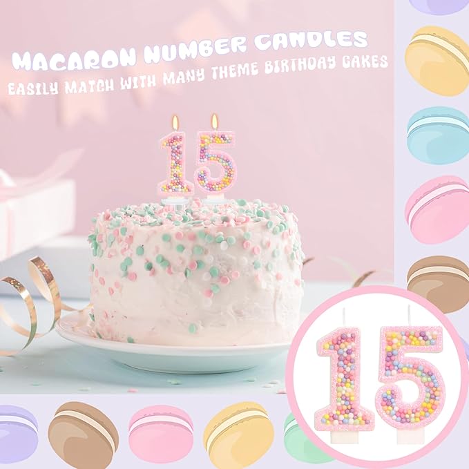 Birthday Candles - Number 15 Candle, Colorful Macaron Candles, 15 Birthday Decorations for Girls, Sweet Cake Decorations, Sweet Theme Party Supplies (Pink)