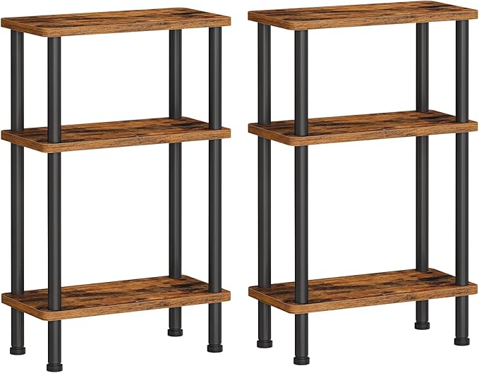 HOOBRO Narrow Side Table Set of 2, 3-Tier Slim End Table No Tools Needed, Twist-On Assembly, Skinny Nightstand Sofa Storage Shelf for Living Room, Bedroom, Study, Rustic Brown and Black BF246BZP201