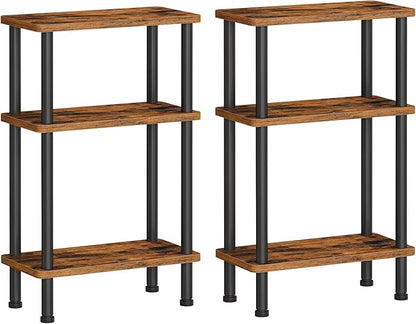 HOOBRO Narrow Side Table Set of 2, 3-Tier Slim End Table No Tools Needed, Twist-On Assembly, Skinny Nightstand Sofa Storage Shelf for Living Room, Bedroom, Study, Rustic Brown and Black BF246BZP201