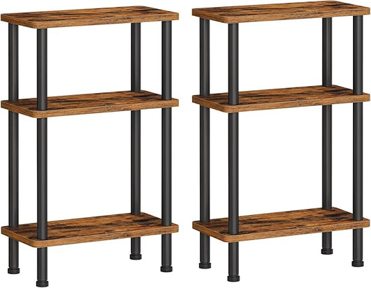 HOOBRO Narrow Side Table Set of 2, 3-Tier Slim End Table No Tools Needed, Twist-On Assembly, Skinny Nightstand Sofa Storage Shelf for Living Room, Bedroom, Study, Rustic Brown and Black BF246BZP201