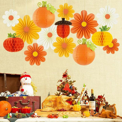 Thanksgiving Party Decorations Give Thanks Banner Paper Lanterns Honeycomb Pumpkins Fall Acorn Paper Fans for Fall Friendsgiving Turkey Thanksgiving Decor Indoor Outdoor
