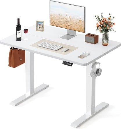 FEZIBO 40 x 24 Inchs Electric Standing Desk, Height Adjustable, Sit Stand Up, Computer Office Desk with Splice Board, White Frame/White Top