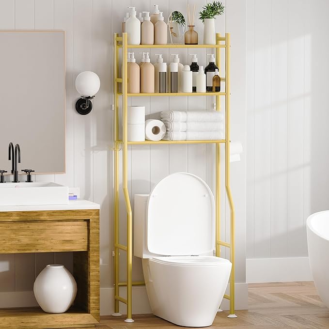 3-Tier Over Toilet Storage with Anti-Tilt Safety System - 150lb Total Capacity Metal Bathroom Shelves Including Paper Holder & 4 Hooks, Space Saving Above Commode Organizer (64" H, Gold)
