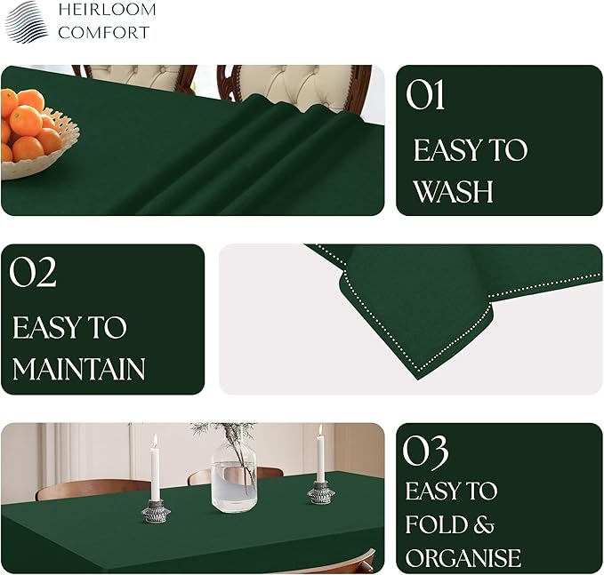 Forest Green Cotton Tablecloth, Table Cover 52x70 Inch, Fits 4-6 Seats, Soft, Durable, Washable, Wrinkle Resistant, Rectangle Table Cloth for Dining, Christmas, Winter Celebrations