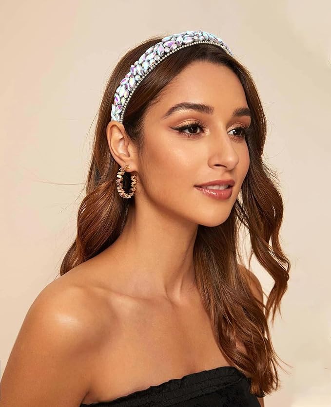 Wecoe Rhinestone Headband Women Vintage AB Silver Headband Non Slip Fashion Bling Sparkly Diamond Hairband Halloween Renaissance Costume Hair Accessories For Women Girls Holiday Birthday Gift