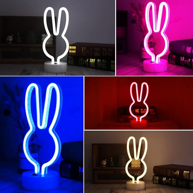 Easter Decorations Neon Bunny Lights, Creative Bunny Neon Signs with Base, Battery/USB Operated, Multi-colored Rabbit Lights for Home, Kids, Spring Decor