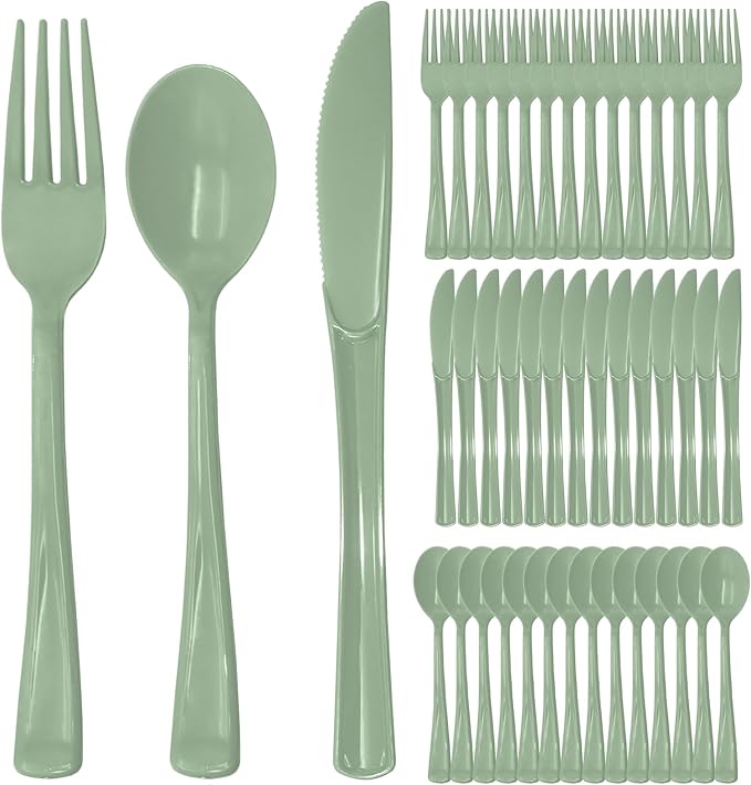 300 PCS Sage Green Plastic Silverware Heavy Duty Sage Green Utensil Sets Include 100 Disposable Plastic Forks, 100 Knives, 100 Spoons for Birthday, Baby Shower, Picnic, Spring Party, Wedding
