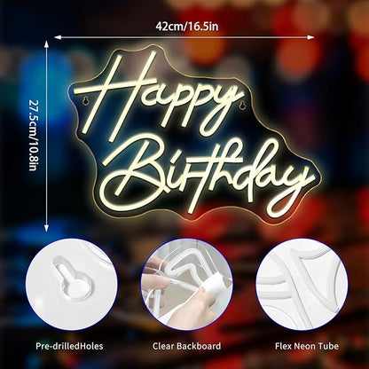Neon Sign, Happy Birthday Neon Signs for Wall Decor Warm White LED Neon Light Up Signs Home Decor for Birthay Business Club Party Bars Shop Decoration USB Operated