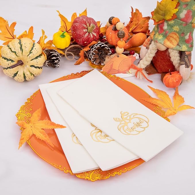 100PCS Thanksgiving Napkins Disposable - White and Gold Paper Napkins with Built-in Flatware Pocket Prefolded Cloth Like - Heavy-duty Linen-Feel Dinner Napkins for Thanksgiving & Dinner