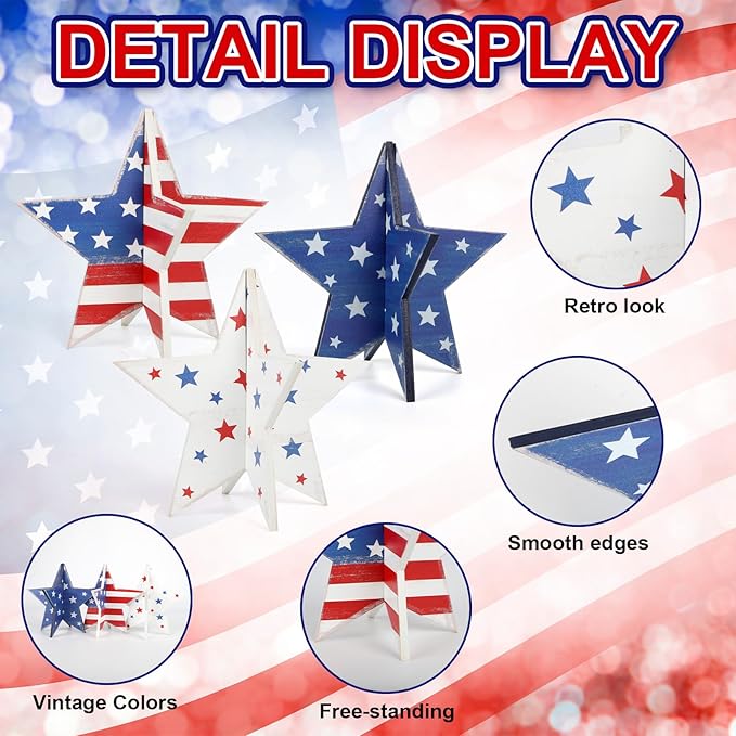 COCHIE 6 Inch Labor Day Decorations Wooden Stars Set, Vintage 3D Star Memorial Day Tiered Tray Decor, 4th of July Red White Blue Patriotic Decoration for Home Table Desk Door Shelf (Flag Retro)