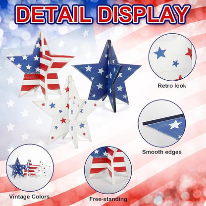 COCHIE 6 Inch Labor Day Decorations Wooden Stars Set, Vintage 3D Star Memorial Day Tiered Tray Decor, 4th of July Red White Blue Patriotic Decoration for Home Table Desk Door Shelf (Flag Retro)