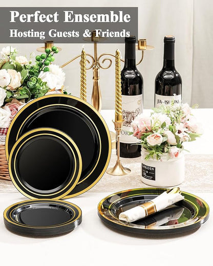 BESTSTAR 200PCS Black Plastic Plates Set with Gold Rim, 100 10.25 inch Dinner Plates and 100 7.5 inch Dessert Plates, Premium Disposable Plates forfor Party, Wedding, Holiday,And Halloween