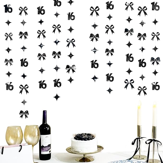 Black 16th Bow Birthday Decorations Metallic Conquette Bow Garland Streamer Banner Backdrop for Girls Boys Happy 16th Birthday Sweet Sixteen Cheers to 16 Years Old Anniversary Party Supplies