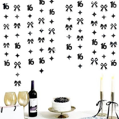 Black 16th Bow Birthday Decorations Metallic Conquette Bow Garland Streamer Banner Backdrop for Girls Boys Happy 16th Birthday Sweet Sixteen Cheers to 16 Years Old Anniversary Party Supplies
