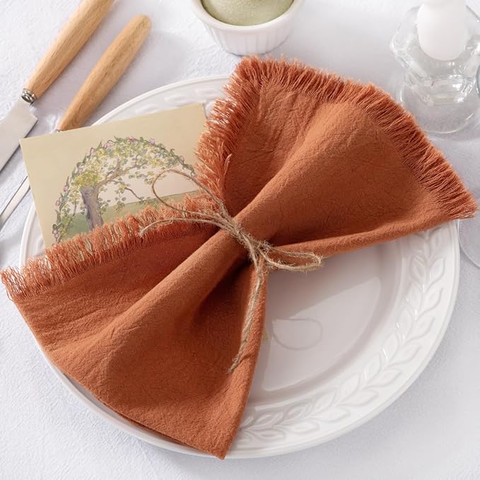 12 Pack Terracotta Cotton Linen Napkins with Fringe Christmas Cloth Napkins Set of 12 Boho Handmade Holiday Napkins Bulk for Wedding Baby Shower Parties, 17 x 17 Inches