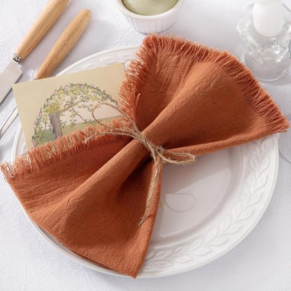 12 Pack Terracotta Cotton Linen Napkins with Fringe Christmas Cloth Napkins Set of 12 Boho Handmade Holiday Napkins Bulk for Wedding Baby Shower Parties, 17 x 17 Inches