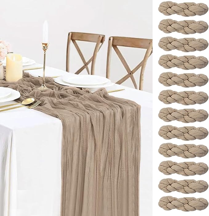 12 Pack Nude Cheesecloth Table Runner,10ft Boho Light Brown Cheese Cloth Table Runner Long Tan Gauze Runner for Wedding Party Bridal Baby Shower Christmas Table Decor