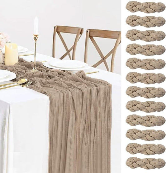 12 Pack Nude Cheesecloth Table Runner,10ft Boho Light Brown Cheese Cloth Table Runner Long Tan Gauze Runner for Wedding Party Bridal Baby Shower Christmas Table Decor