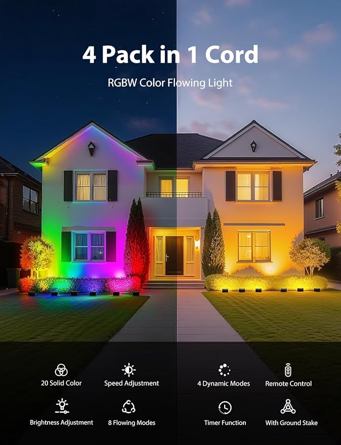 Onforu RGBW Flood Lights Outdoor Remote Control, Color Changing LED Landscape Lights, IP65 Waterproof Uplights for Events, Uplighting for Halloween Christmas Garden Yard Party, Wired 4 Pack 40W