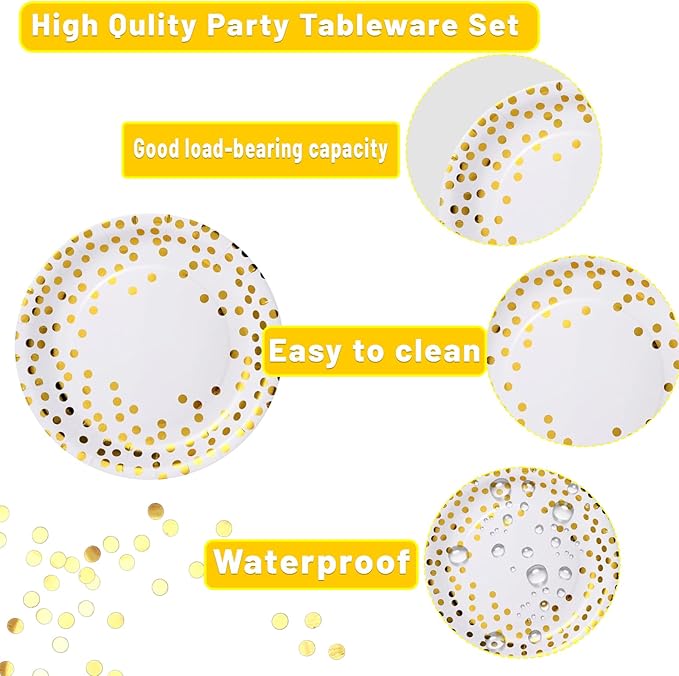 175pcs Premium White Gold Paper Plates Napkins, Golden Dot Party Supplies Set Severs For 25 Guests Paper for Birthday Baby Shower