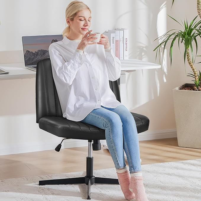 OLIXIS Criss Cross Legged Chairs Armless No Wheels Wide Seat Height Adjustable Swivel Padded PU Leather Home Office Desk Seating for Bedroom, Student, Study Room
