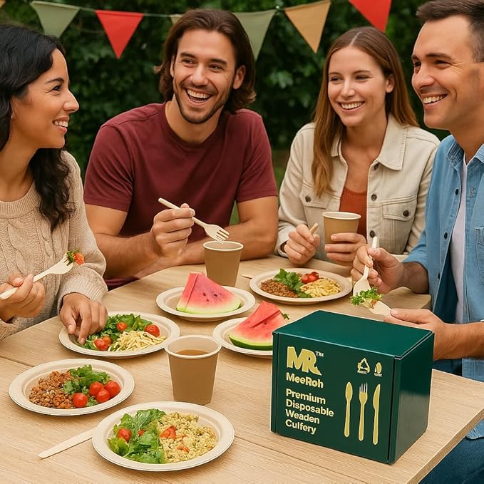 Premium Eco-Friendly Heavy-Duty Disposable Cutlery Set – 300-Piece Sturdy Forks, Spoons & Knives | Biodegradable, Compostable, Smooth Finish for Parties, Events & Camping Utensils – By MeeRoh