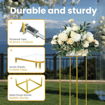 YALLOVE 10 Pack 23.75 Inch Gold Wedding Flower Stand Metal Vase Column Stand Geometric Centerpiece Vase for Home Party Wedding Decorations, Rectangular Flower Display Rack