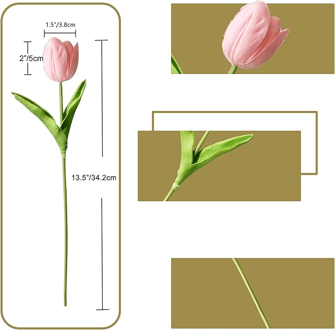 ONLY ART Artificial Light Pink Partially Open Tulips 12 Pcs – 13.5 Inch PU Faux Flowers with Bendable Stems for Home Décor, Wedding Centerpieces, DIY Floral Arrangements, Table Decorations
