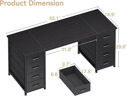 Casaottima 55 Inches Computer Desk with 8 Fabric Drawers, Modern Office Desk with Large Storage for Home Office, Study, Black