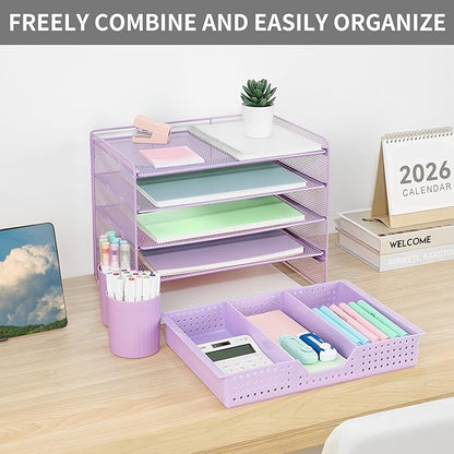 Desk Organizers and Accessories, 5-Tier Paper Letter Tray Organizer with Drawer & 2 Pen Holders, Desktop Organizer for Office Supplies (Purple)