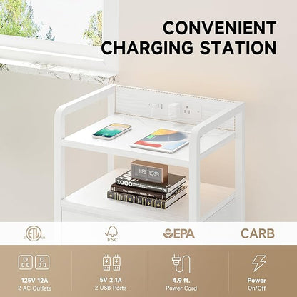 Night Stand Bedside Charger Bedroom - Nightstand with Charging Station, Bed Side Table with LED Light Strip, End Table with U-S-B Ports & AC Outlets, Storage Shelf & 3 Fabric Drawers, White