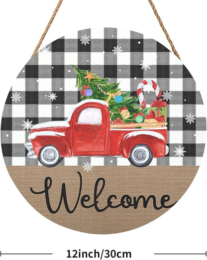 Harooni Christmas Welcome Front Door Sign for House Merry Christmas Holiday Decoration Hanging Sign Red Truck Xmas Round Wood Wreaths for Home Wall Porch Yard Garden Farmhouse Christmas Day 12"x12"