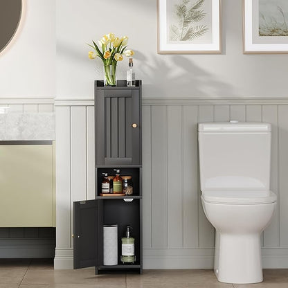 Bathroom Cabinet with 2 Doors, 7.3 x 9.8 x 40.4 Inches, Small Freestanding Storage Cabinet with Adjustable Shelf, Floor Cabinet for Small Spaces, Bathroom, Entrances, Kitchen, Black