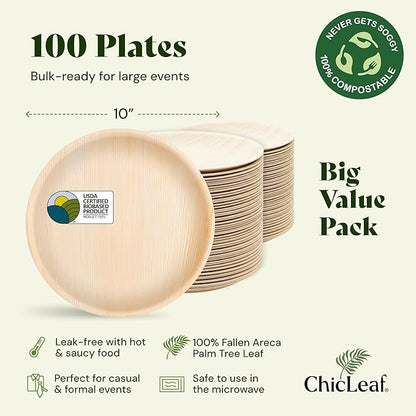 Chic Leaf Round Palm Leaf Plates - 10", Pack of 100 - Durable Party Pack - Thanksgiving Dinner Eco Friendly Party Supply & Wedding Plates - For Charcuterie Board Accessories