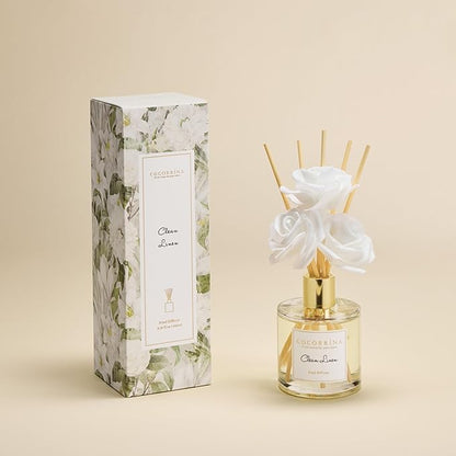Cocorrína Reed Diffuser Set,6.7oz (200ml) Clean Linen Scented Diffuser with 3 White Rose Foam Flowers & Cotton Sticks, Home Fragrance Reed Diffuser for Bathroom Shelf Decor