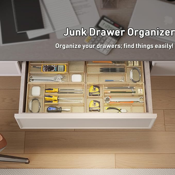 Desk Drawer Organizer Tray, Office Drawer Organizer, Desk Accessories & Workspace Organizers, Suitable for Tools, Pencils, Office Supplies Storage (Gold)