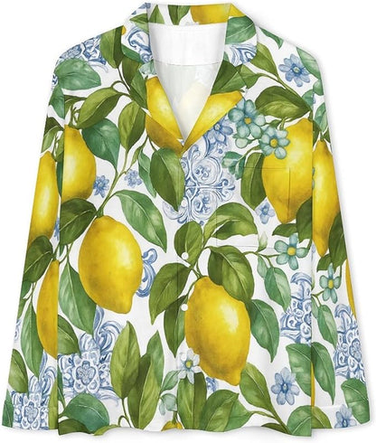 Lemons Leaves Ceramic Style Womens Pajama Set Long Sleeve Pajamas Top And Pants Soft Loungewear Pjs Sets