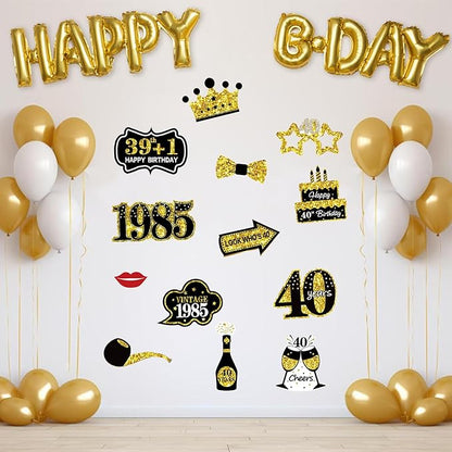 30Pcs 40th Birthday Decoration Photo Booth Props for Men Women, Funny Black Gold Vintage 1985 40th Birthday Props Kit with Sticks Party Supplies, Cheers to 40 Bday Photo Props Sign Decor