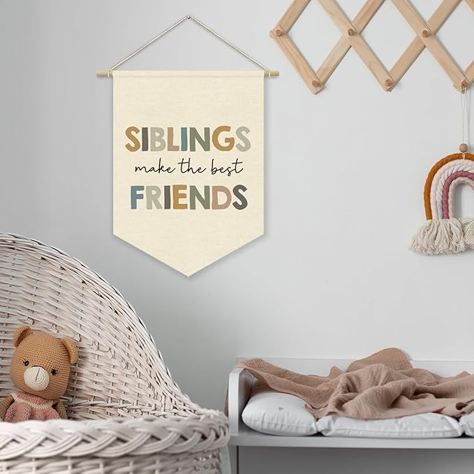 Kids Bedroom Decor, Siblings Make the Best Friends Playroom Linen Canvas Banner, Kids Wall Hanging Pennant Flag Banner for Boys Girls Nursery Toddler Room Bedroom Playroom Decor, 15x11in