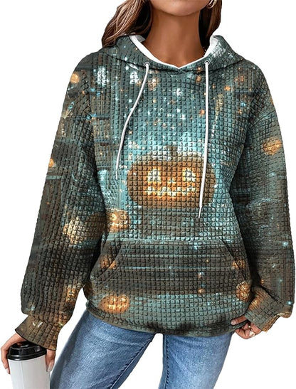Halloween Sweatshirts for Women Novelty Graphic Drawstring Waffle Hoodies Loose Casual Pullover Tops with Pocket